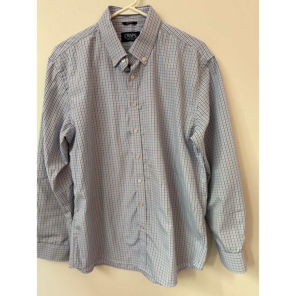 Chaps Men's Large Slim‎ Fit Blue White Micro Check Long Sleeve Button Down Shirt